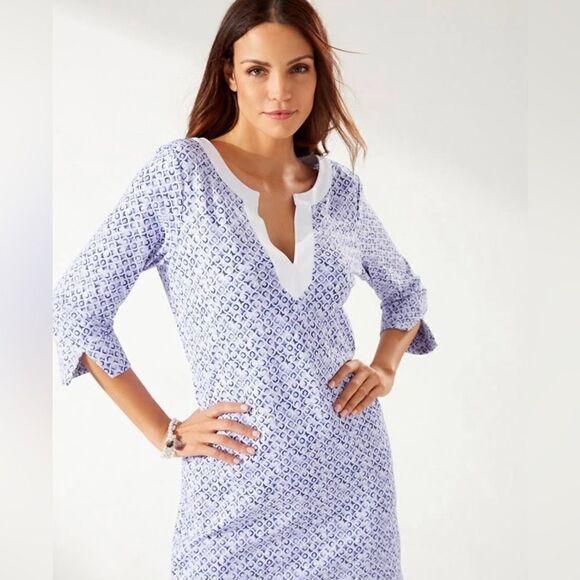 Tommy Bahama Aubrey Tile Isle IslandZone Shift Dress Blue and White Size Medium - Picture 3 of 14